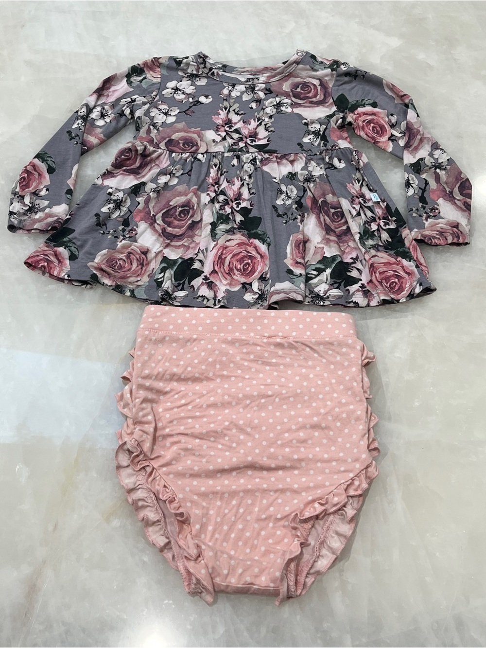 Posh Peanut Pink and Gray Floral Long-Sleeve Dress with Pink Polka Dot Bloomers